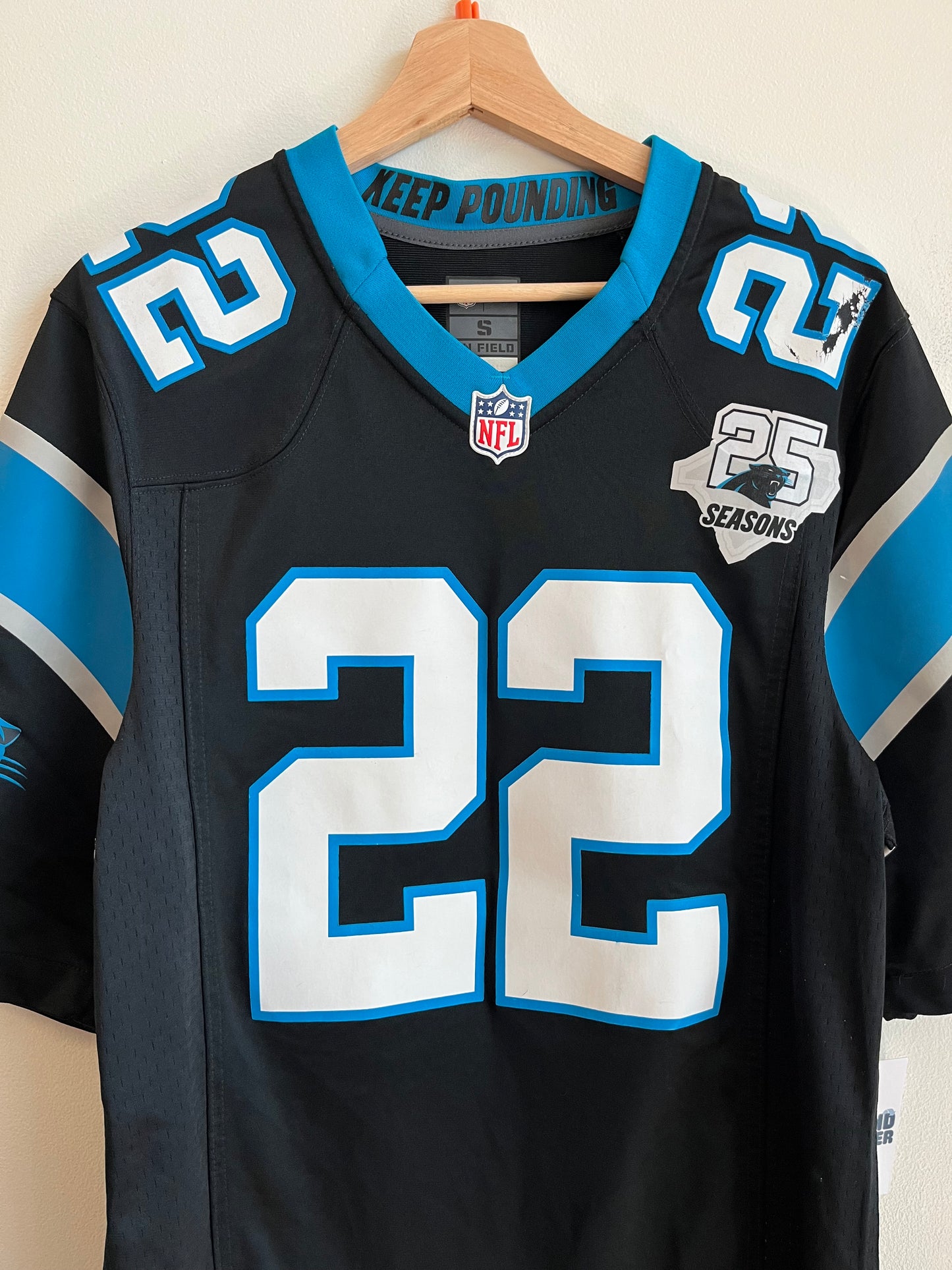 2019 Carolina Panthers Christian McCaffery 25 Seasons Patch Home Jersey (S)