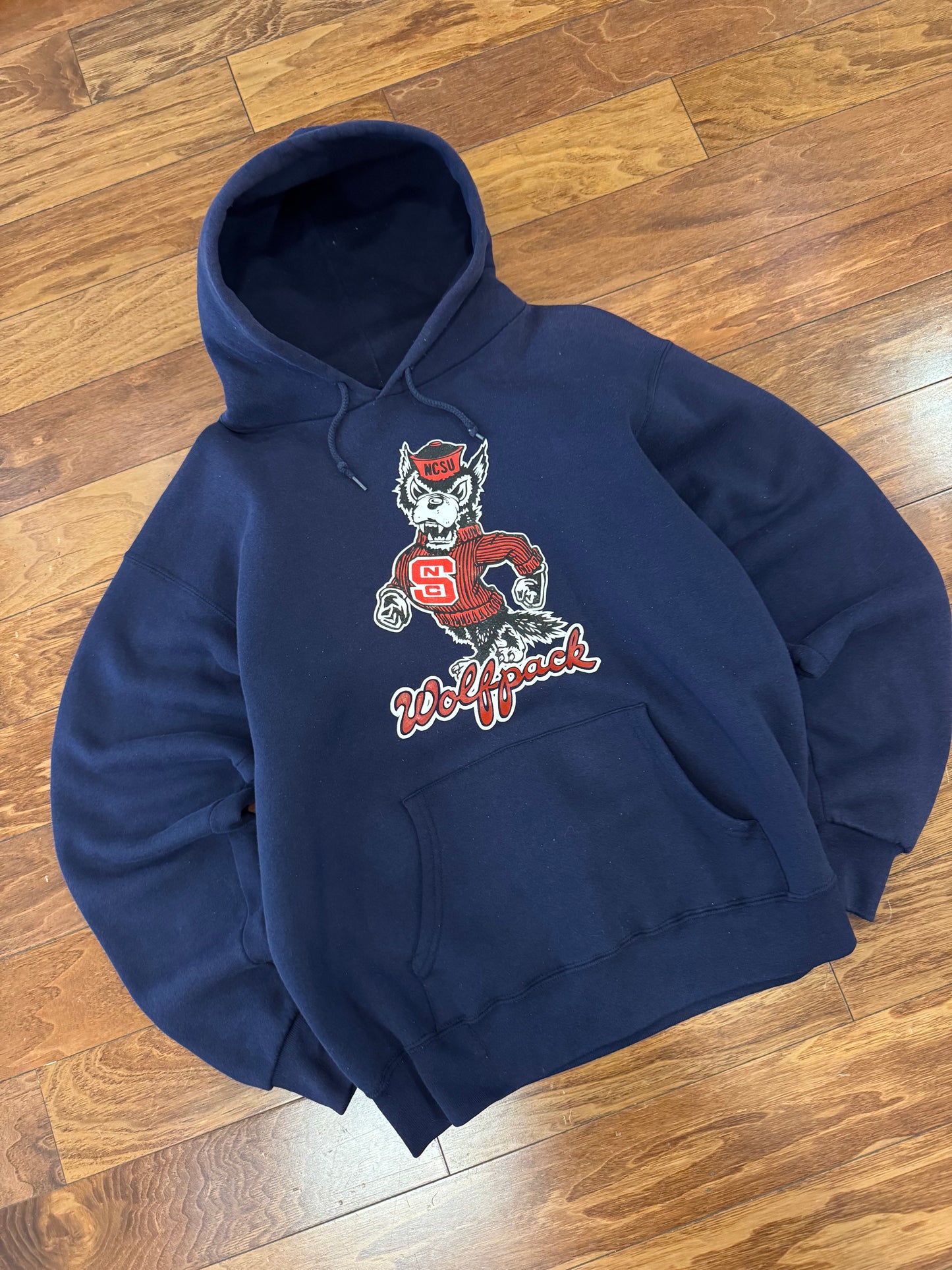 Vintage NC State University (NCSU) Wolfpack Navy Mascot Hoodie (L)