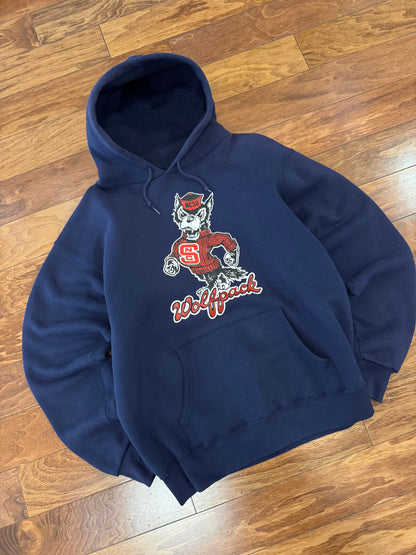 Vintage NC State University (NCSU) Wolfpack Navy Mascot Hoodie (L)