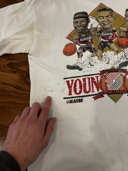 90s Vintage Portland Trail Blazers Caricature Young Guns Thrashed Tee (L)