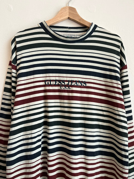 90s Guess Jeans Embroidered Striped Long-Sleeve Shirt (L)