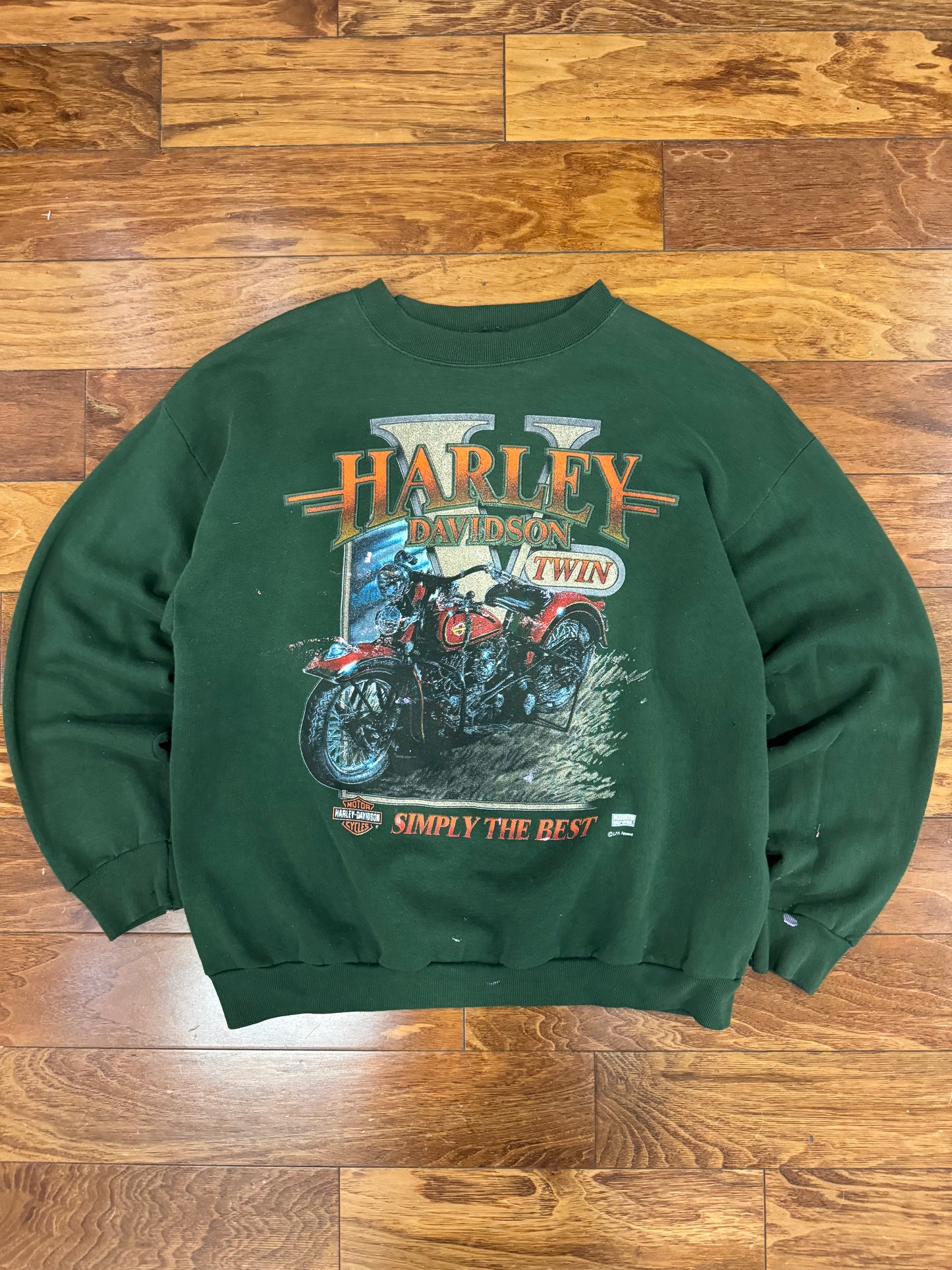 90s Harley Davidson Twin Faded Green Paint Splatter Crewneck (L)