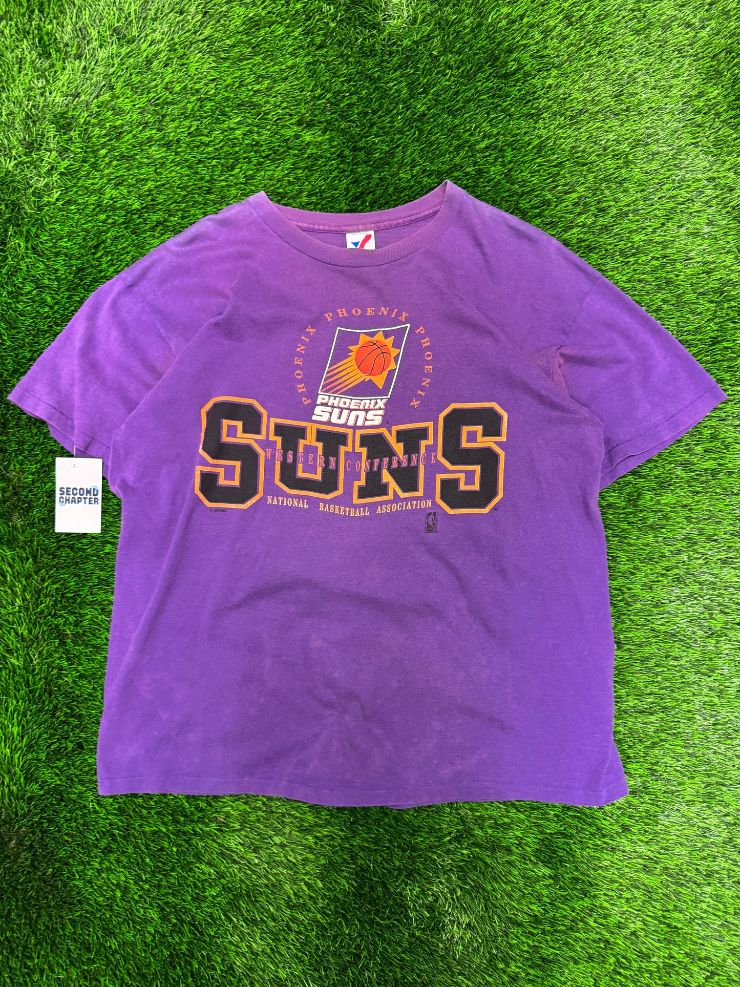 90s Phoenix Suns Faded Spell Out Purple Vintage NBA Tee (XL)