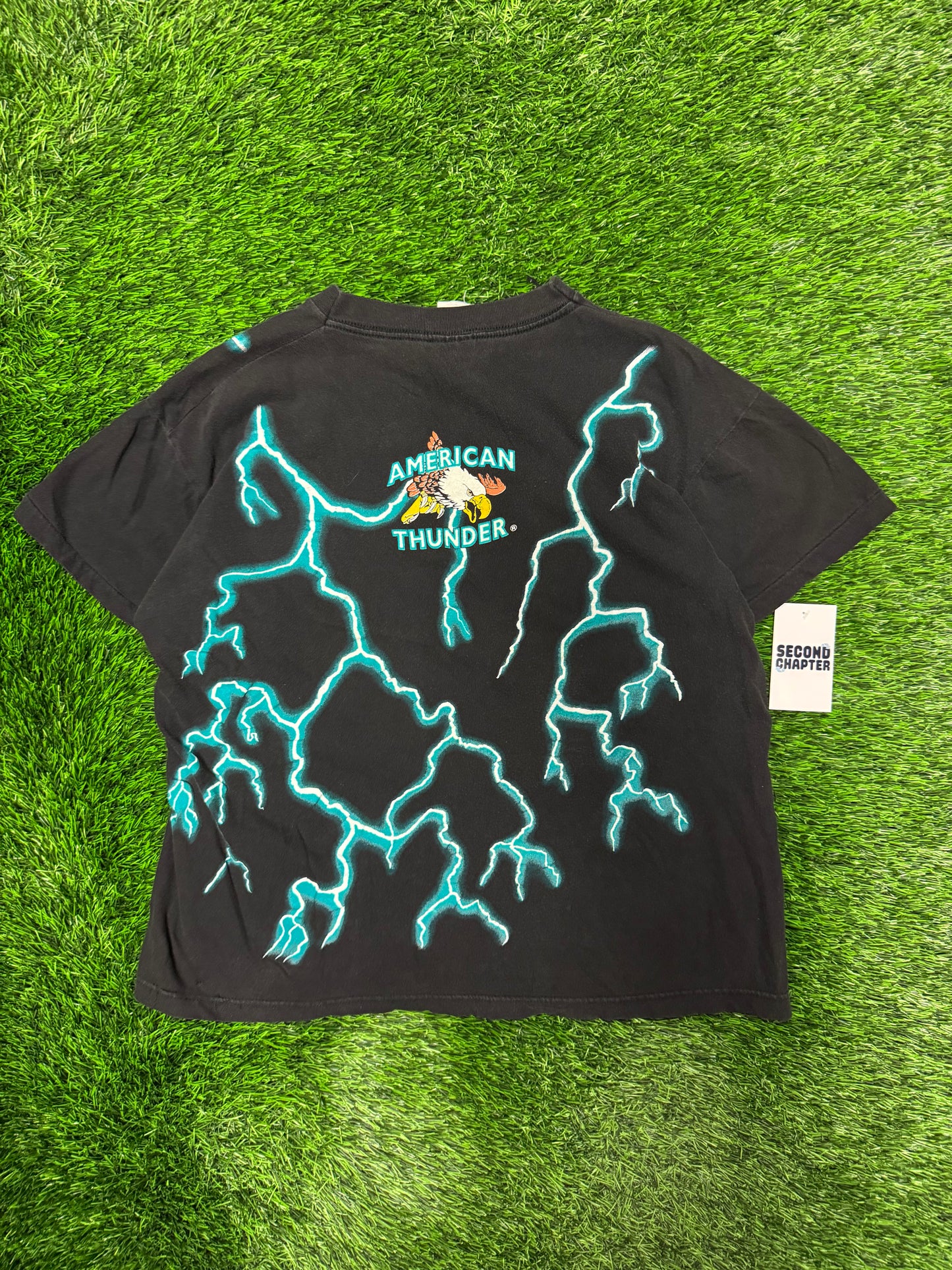 90s American Thunder "Forever Free" Vintage Teal Lightning Tee (L)