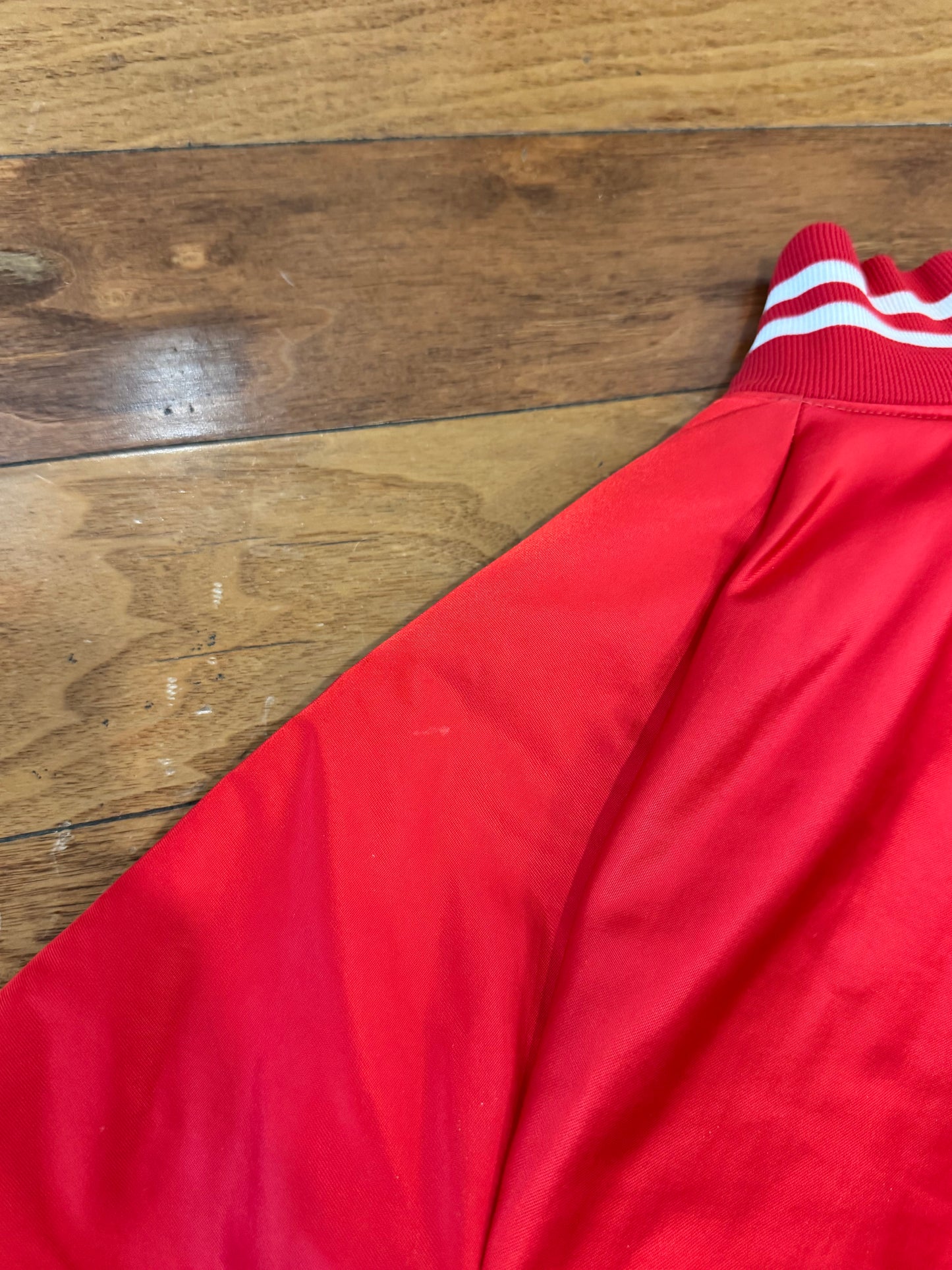 90s Brooklyn Script Red Vintage Satin Jacket (S)