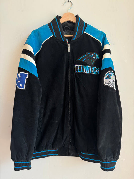 00s Carolina Panthers Suede Embroidered Patched NFL Jacket (XXL)