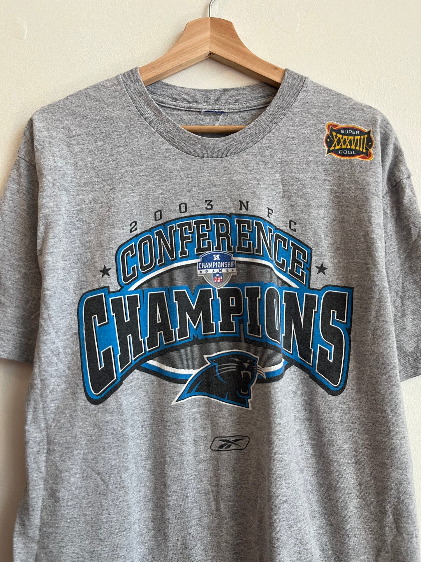 2003 Carolina Panthers Reebok Super Bowl NFL NFC Conference Champions Grey Tee (M)