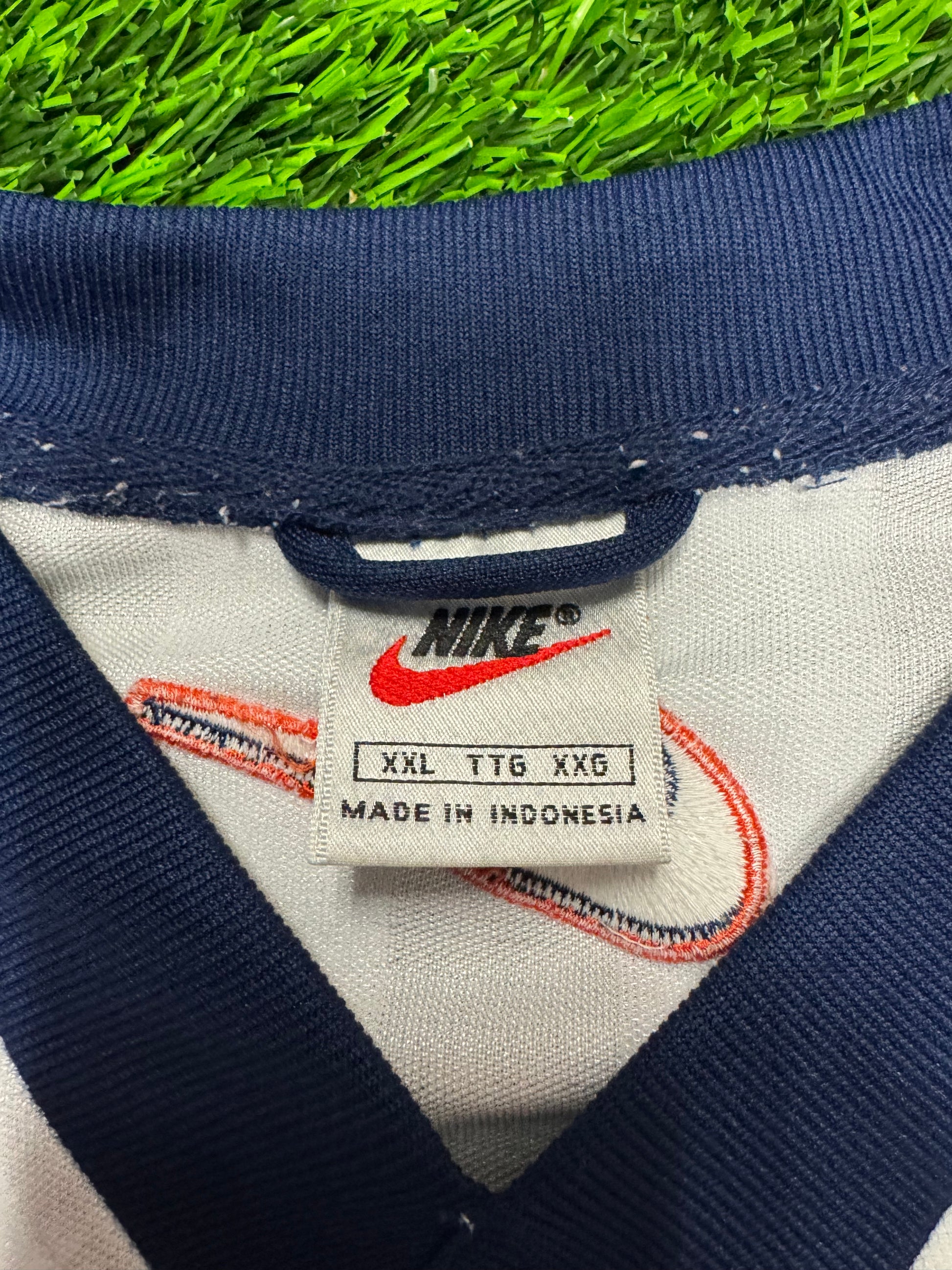 90s Nike Vintage Center Swoosh White Striped Long Sleeve Pullover Jersey (XXL)