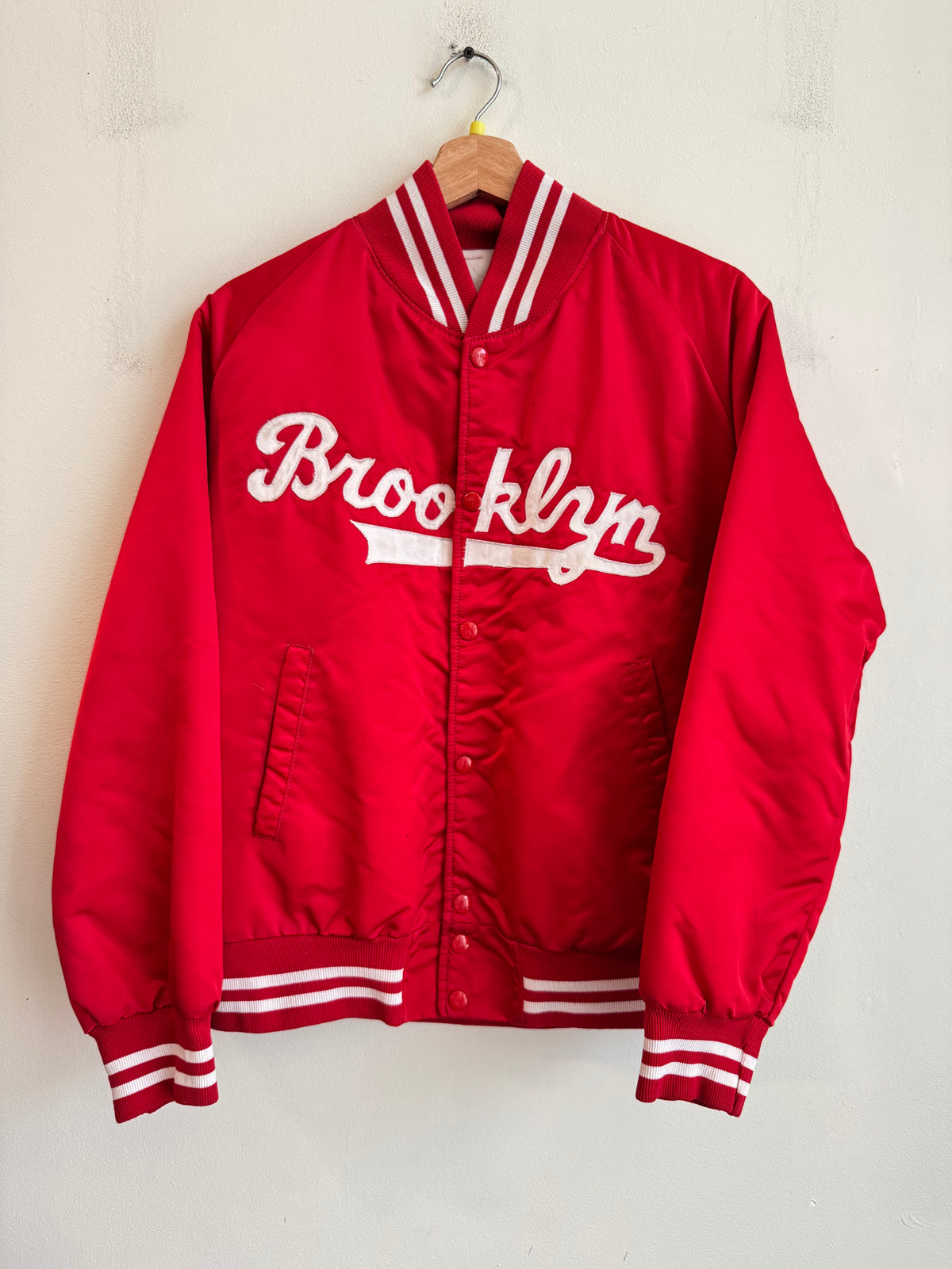 90s Brooklyn Script Red Vintage Satin Jacket (S)