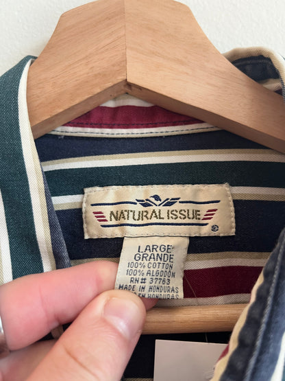 90s Natural Issue Striped Long-Sleeve Polo Dress Shirt (L)