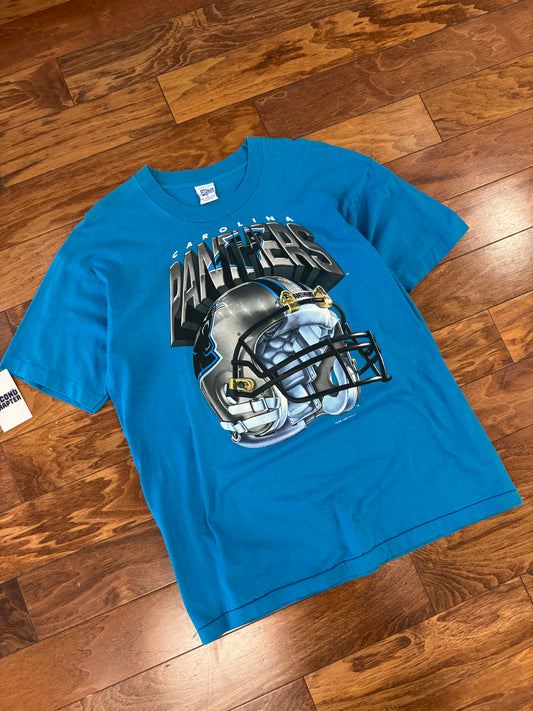 1995 Carolina Panthers Salem Sportswear Big Helmet Graphic Blue Vintage Tee (L)
