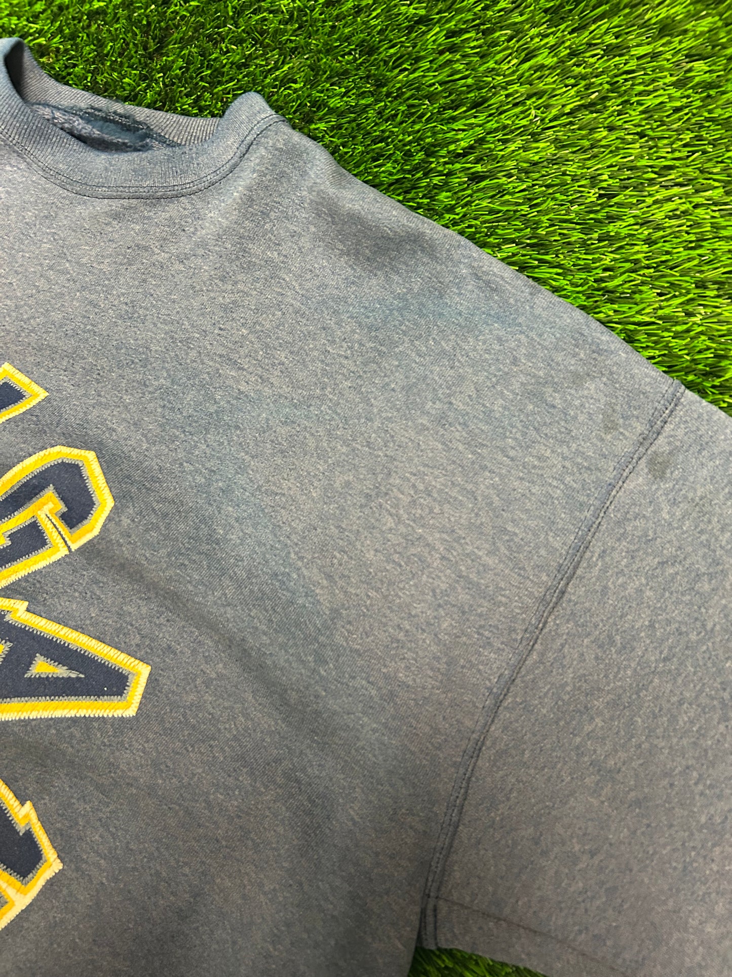 90s University of Michigan Wolverines Faded Blue Spell Out Crewneck (XL)