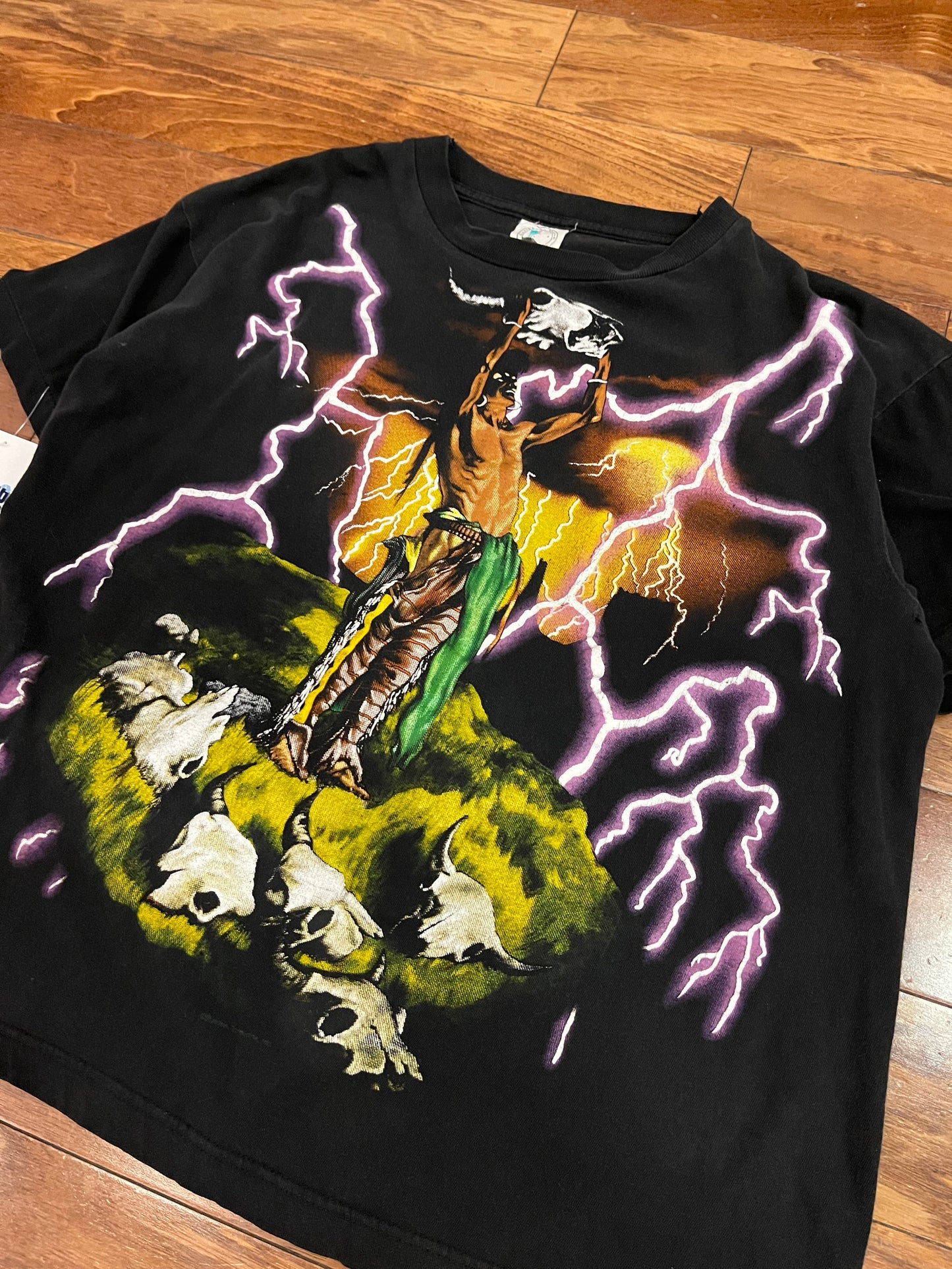 90s American Thunder Purple Lightning AOP Native Chief Forever Free Tee (L)