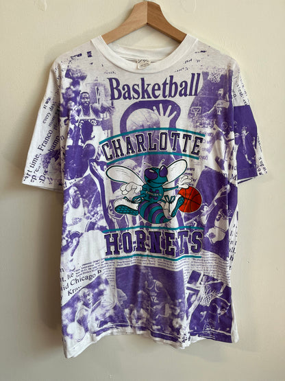 90s Charlotte Hornets Rare Single Stitch AOP Newspaper Tee (XL)