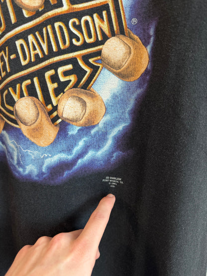 1991 Harley Davidson 3D Emblem Hand Of God Graphic 50/50 Tee (L)
