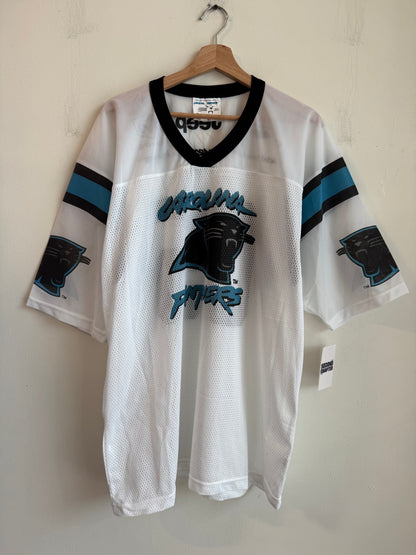 2005 Carolina Panthers Cat Scratch Spell Out Jeep White Jersey (XL)