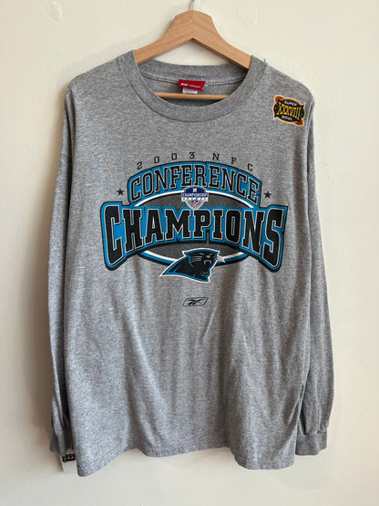 2003 Carolina Panther Grey Reebok NFL NFC Champions Long Sleeve Shirt (L)