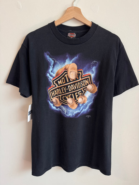 1991 Harley Davidson 3D Emblem Hand Of God Graphic 50/50 Tee (L)