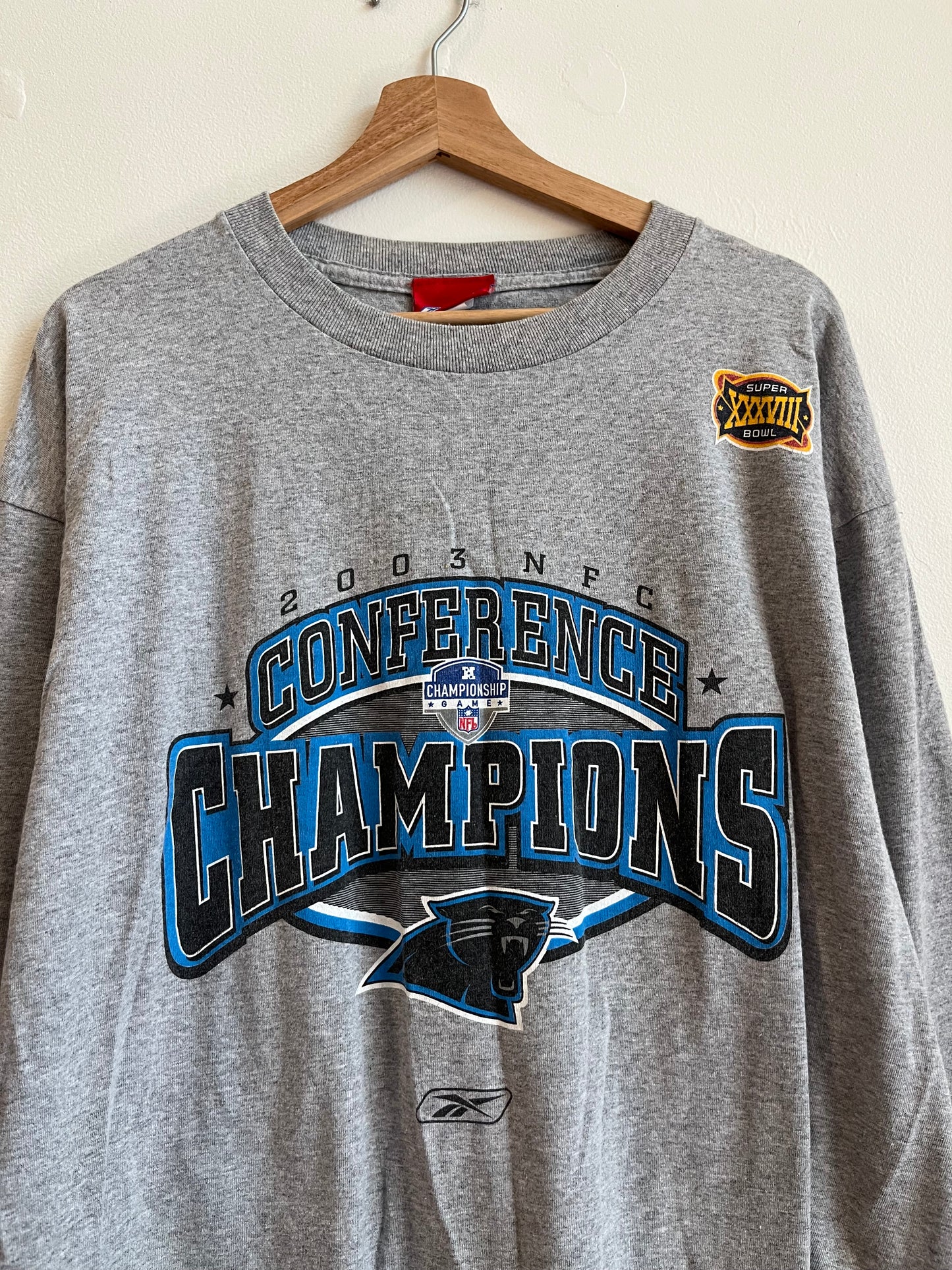 2003 Reebok Carolina Panthers NFL NFC Conference Champions Grey Long Sleeve Shirt (L)