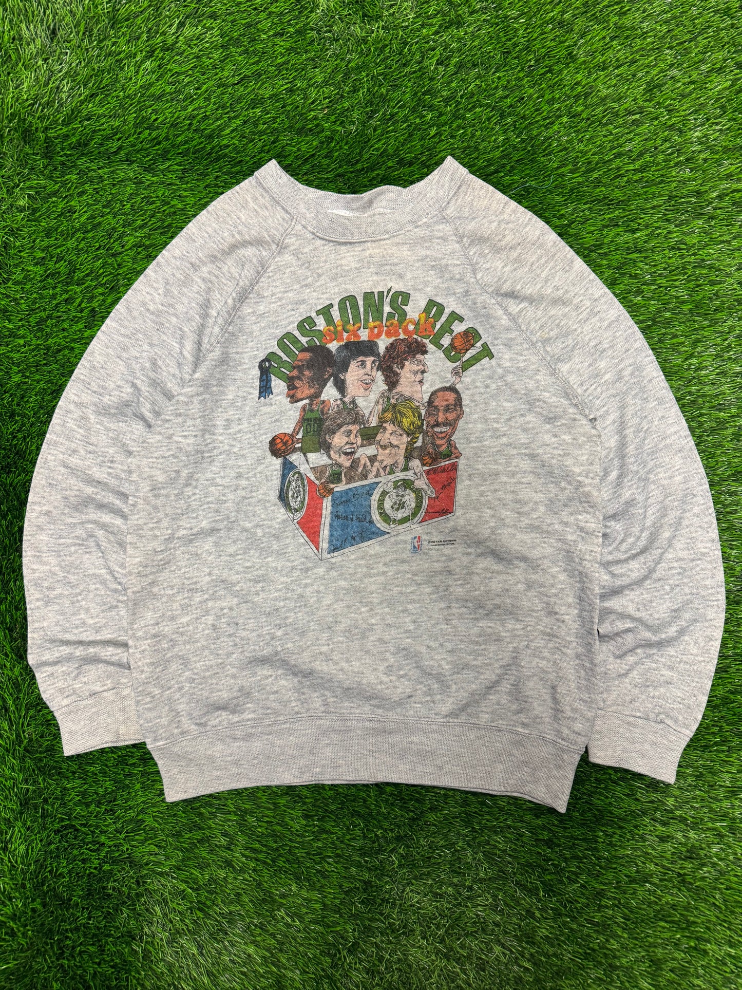 1986 Boston Celtics "Boston's Best Six Pack" Grey Vintage Bassett-Walker NBA Caricature Crewneck (L)