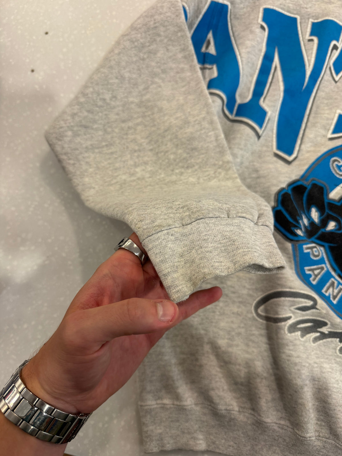 90s Carolina Panthers Sleeve to Sleeve Grey Spell Out Crewneck (M)