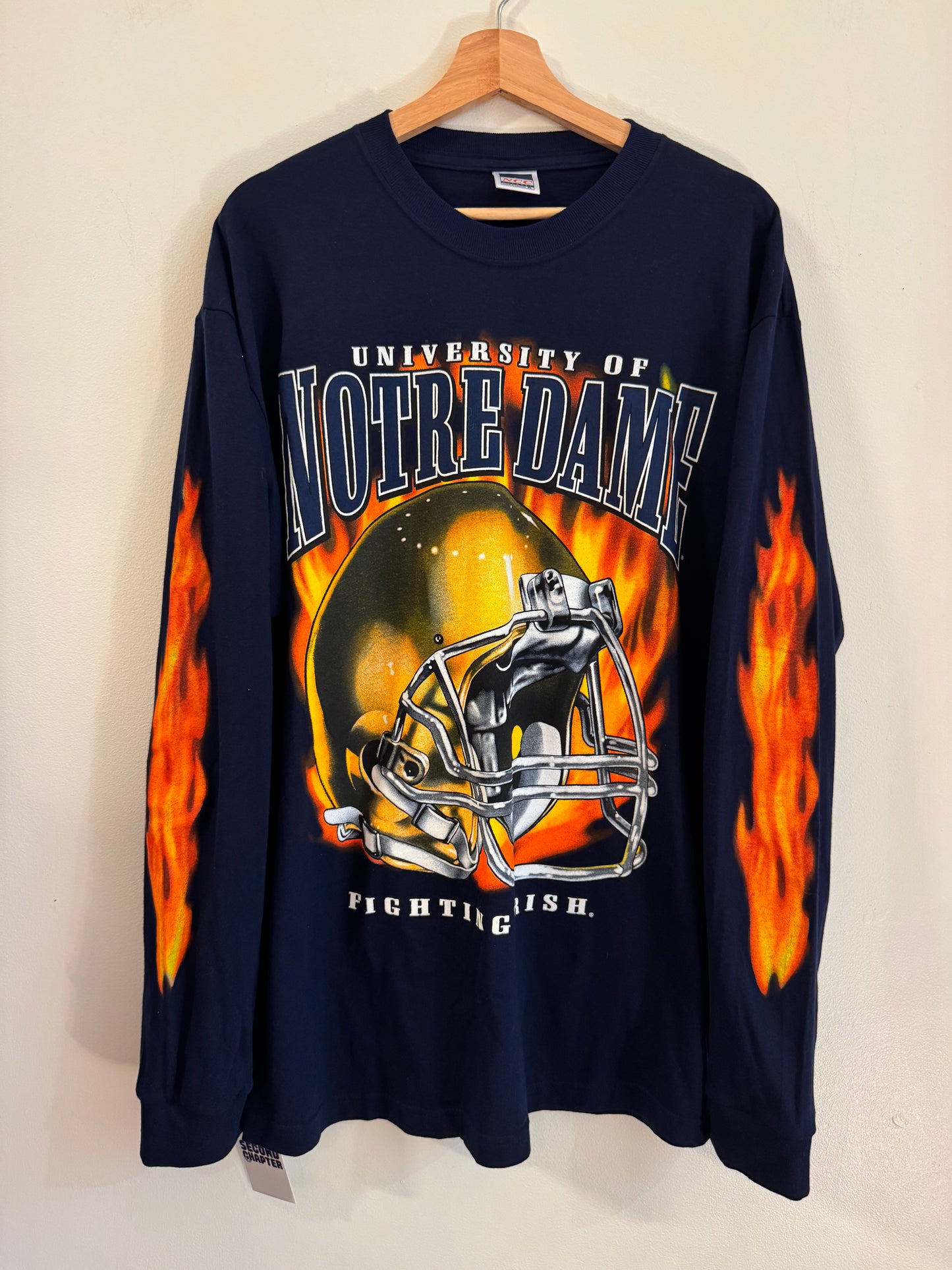 90s Notre Dame Rare NCC Apparel Flame Helmet Long Sleeve Shirt (XL)