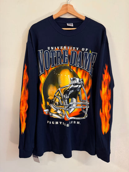 90s Notre Dame Rare NCC Apparel Flame Helmet Long Sleeve Shirt (XL)