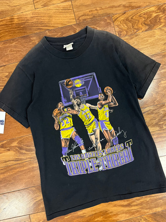90s Nutmeg Los Angeles Lakers Triple Threat Vintage NBA Tee (M)