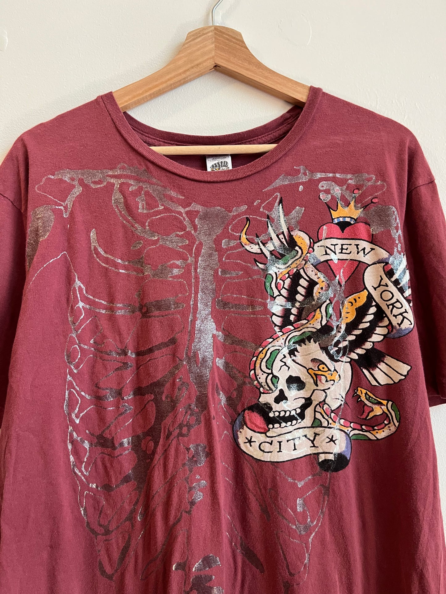 00s Ed Hardy Christian Audigier Skeleton Burgundy Tee (XL)