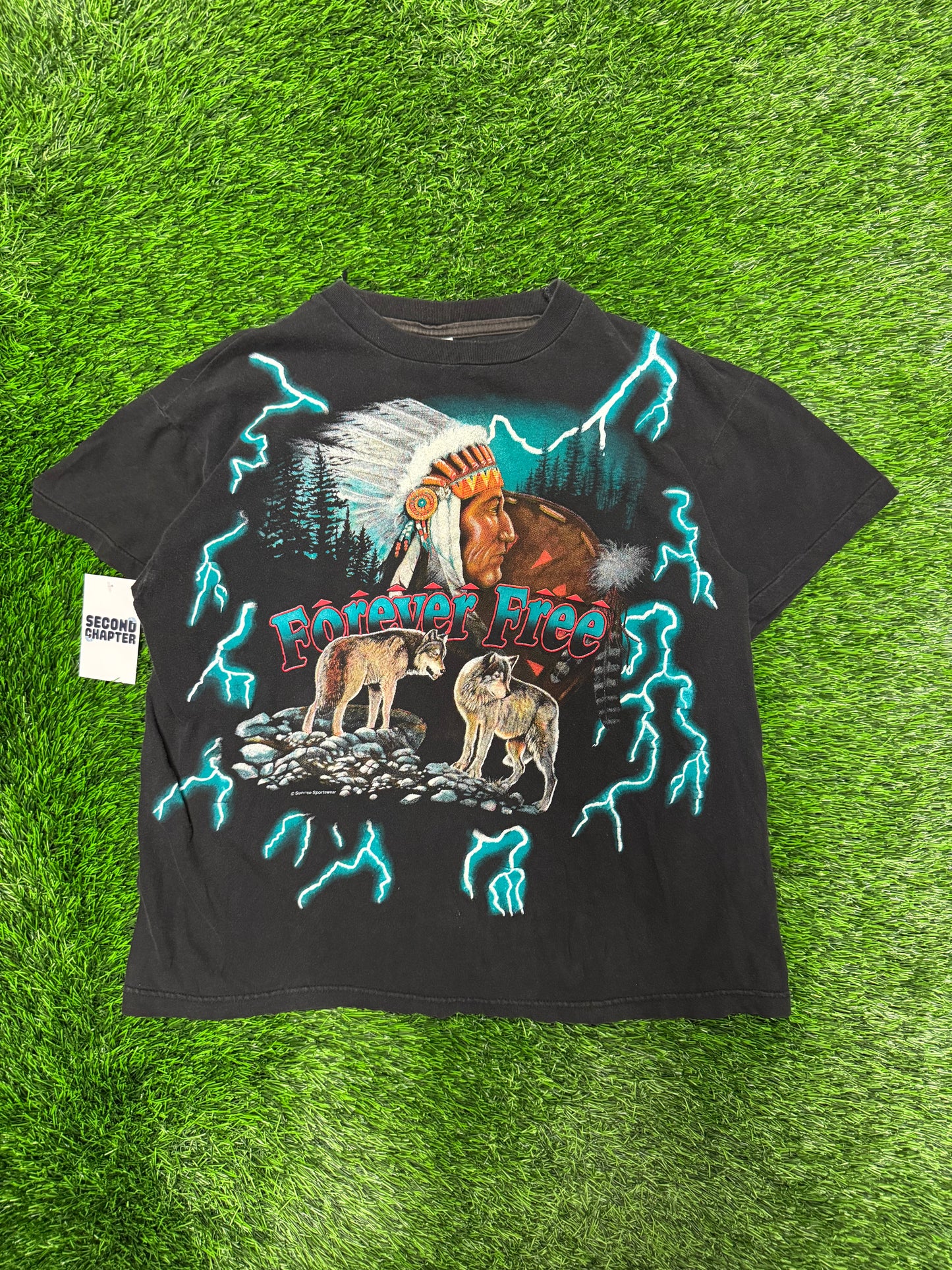 90s American Thunder "Forever Free" Vintage Teal Lightning Tee (L)