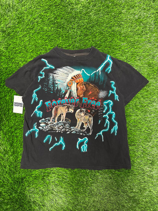 90s American Thunder "Forever Free" Vintage Teal Lightning Tee (L)