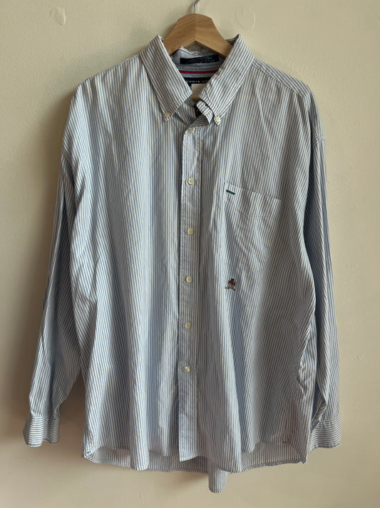 00s Tommy Hilfiger Pinstripe Blue Button Down Polo Shirt (XL)