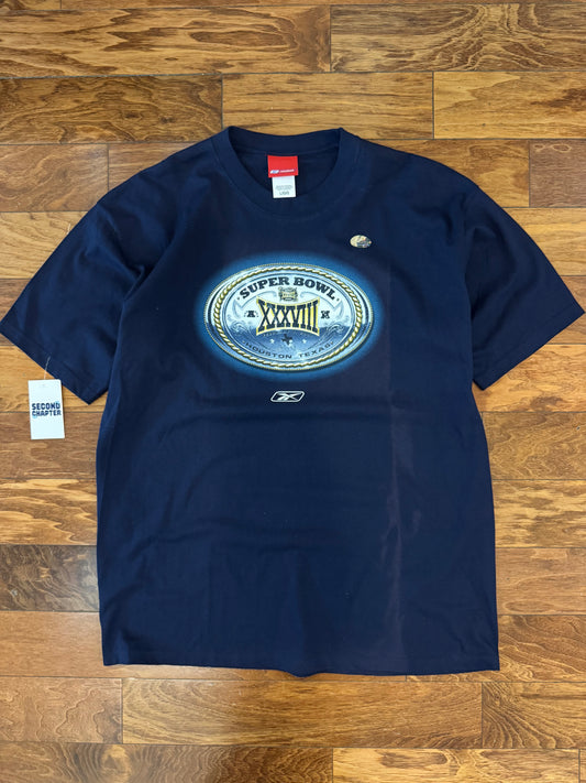 2004 New England Patriots Vs. Carolina Panthers Super Bowl Reebok Navy Tee (XL)