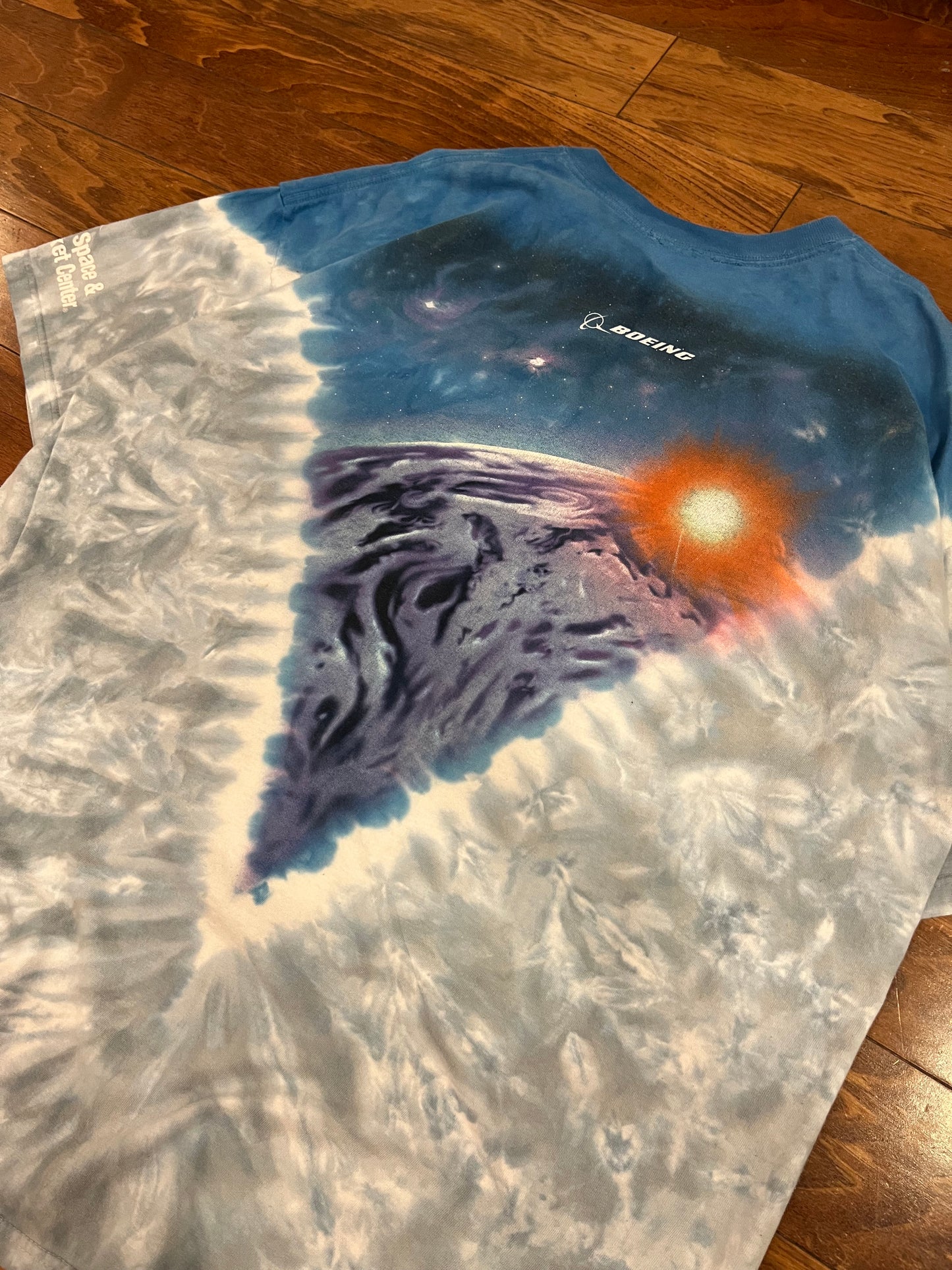 90s Boeing AOP Rocket Endeavor Space Shuttle Vintage Liquid Blue Tie Dye Tee (XXL)