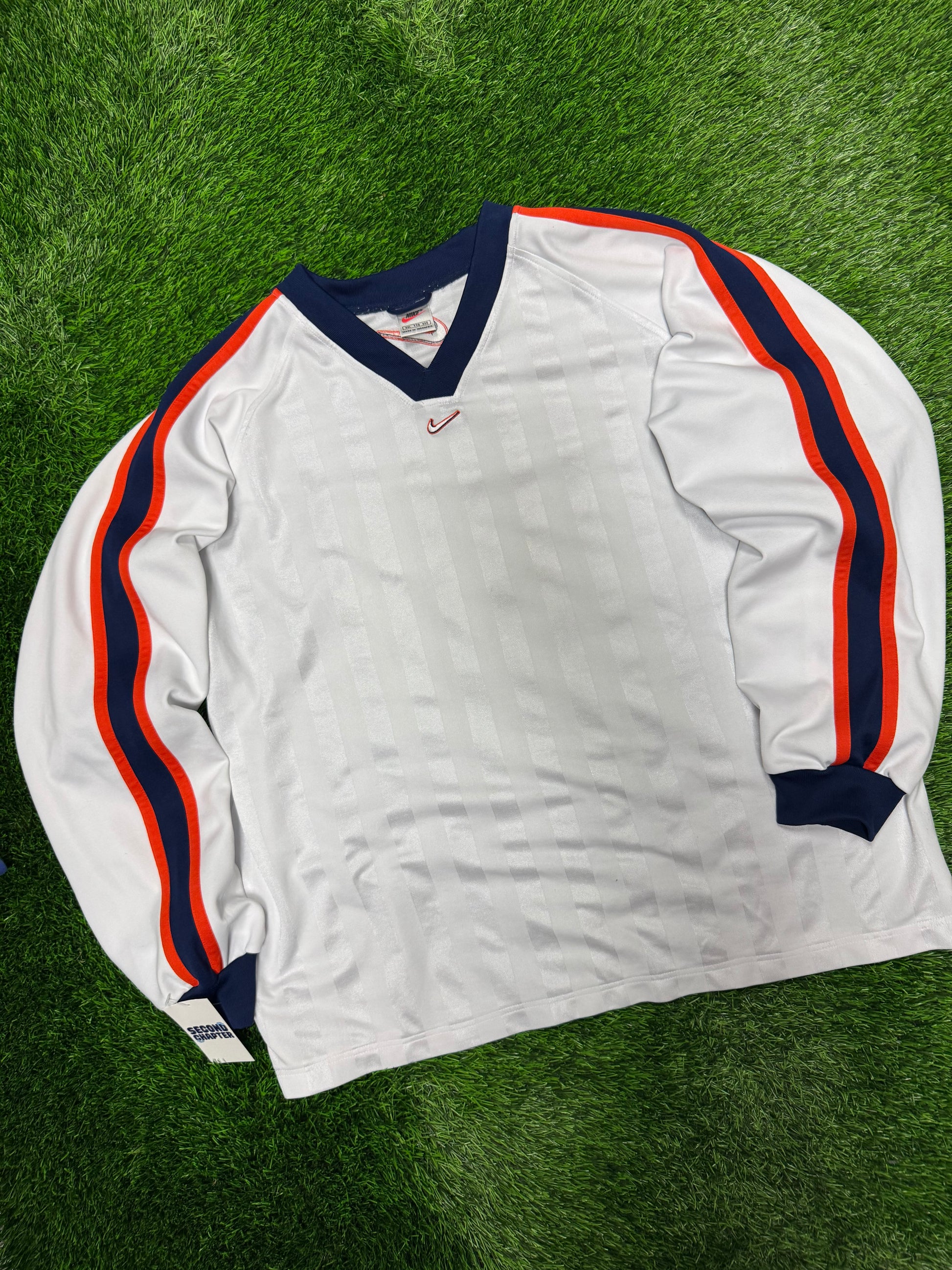 90s Nike Vintage Center Swoosh White Striped Long Sleeve Pullover Jersey (XXL)