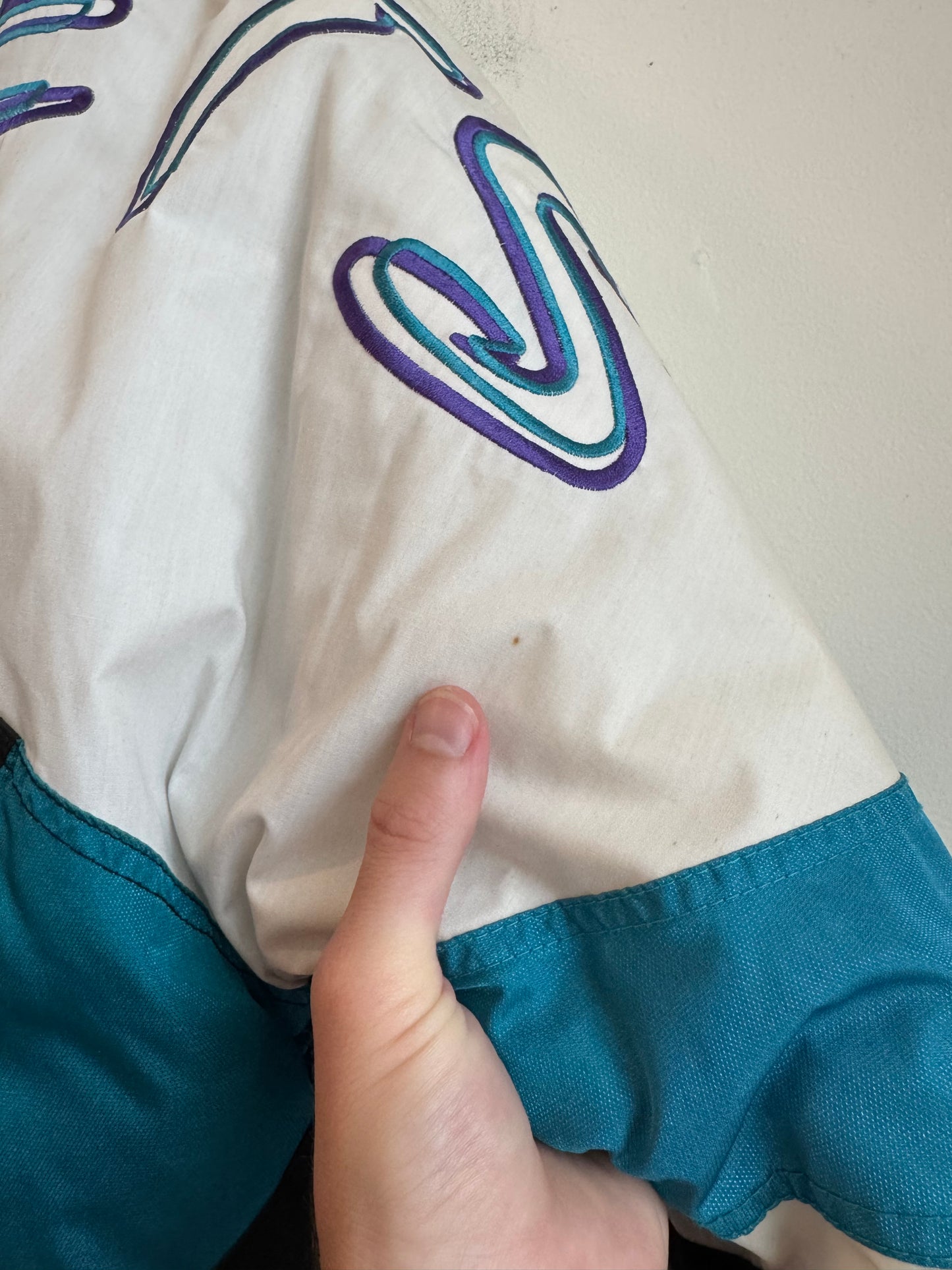 1990s Charlotte Hornets Pro Player Big Spell Out Rare Puffer Jacket (M)