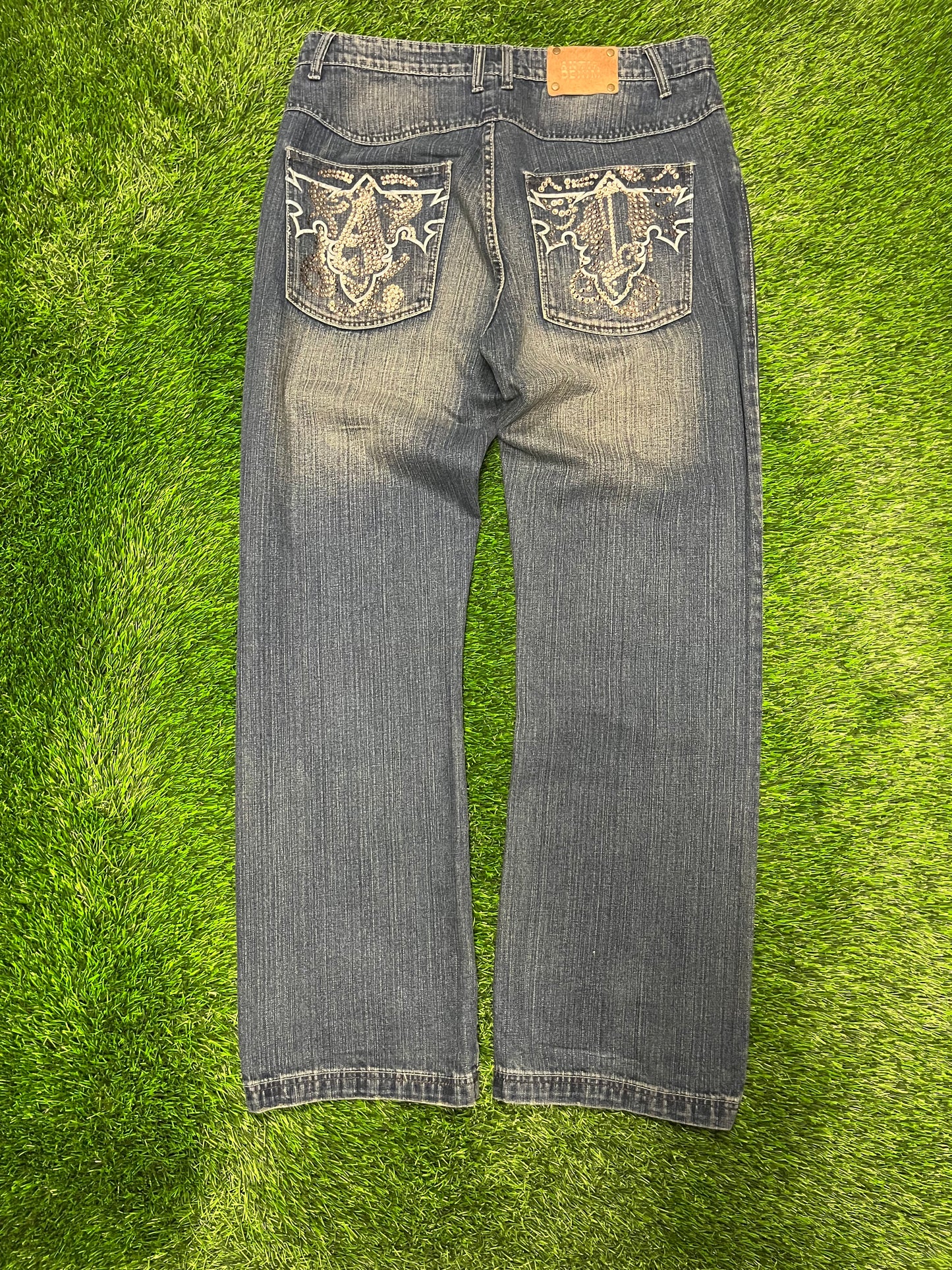 00s Antik Denim Rhinestone Baggy Dark Blue Jeans (38 x 34)