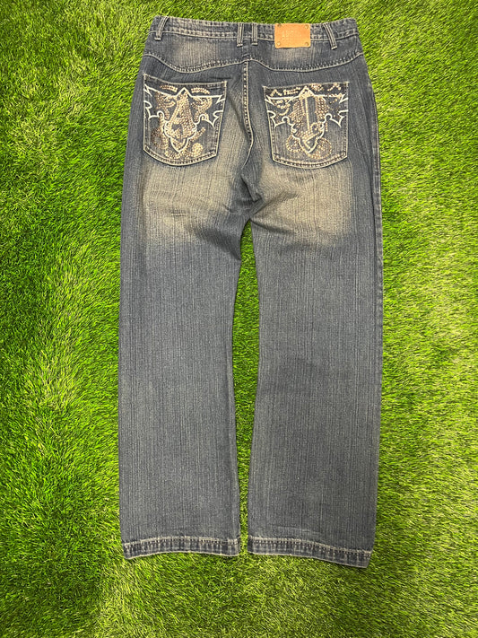 00s Antik Denim Rhinestone Baggy Dark Blue Jeans (38 x 34)