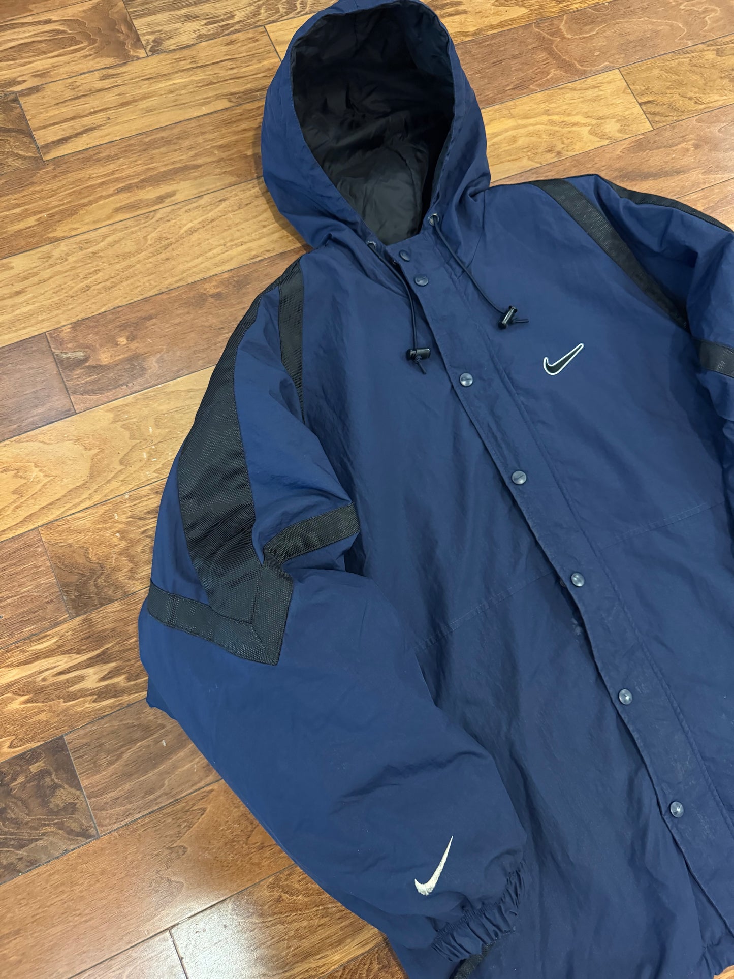 90s Nike Navy Big Swoosh Parka Puffer Jacket (L)
