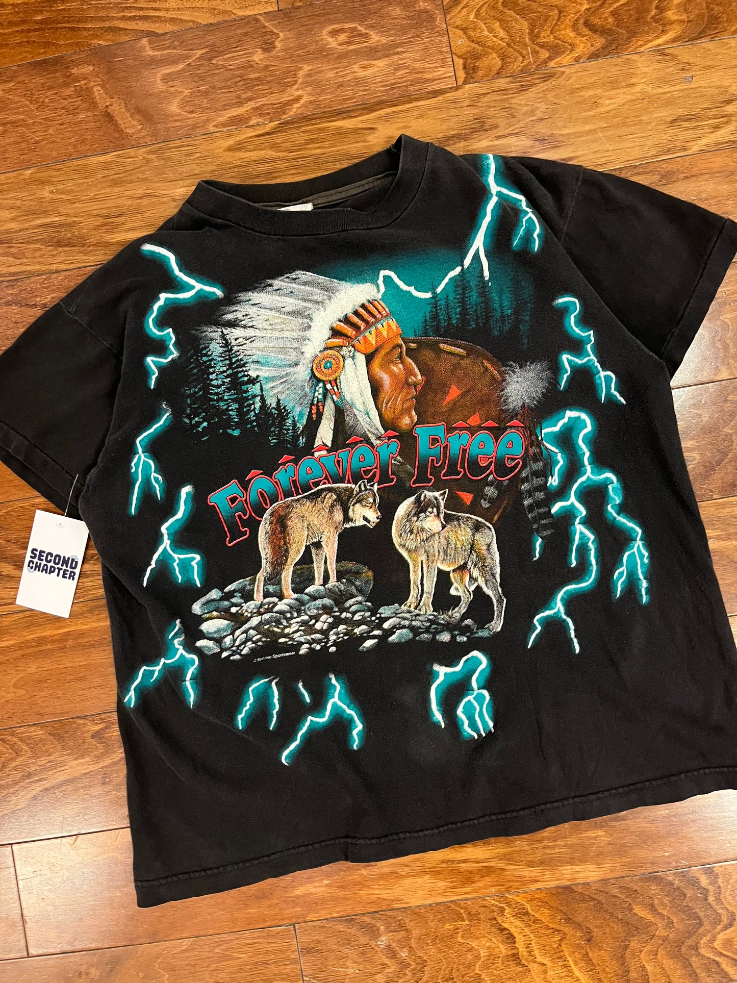 90s American Thunder "Forever Free" Vintage Teal Lightning Tee (L)
