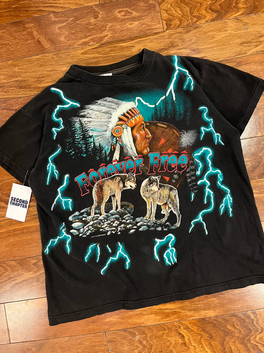 90s American Thunder "Forever Free" Vintage Teal Lightning Tee (L)