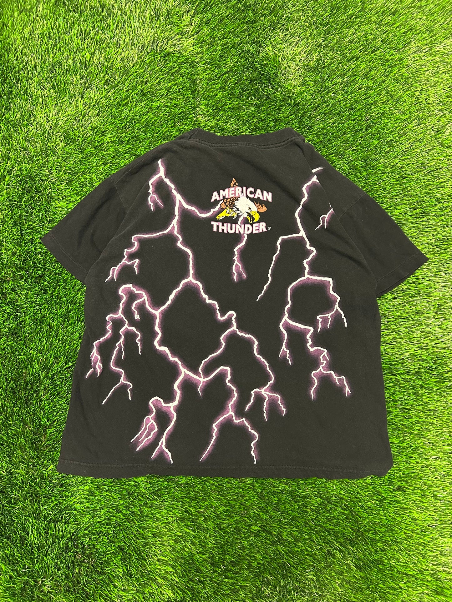 90s American Thunder Purple Lightning AOP Native Chief Forever Free Tee (L)