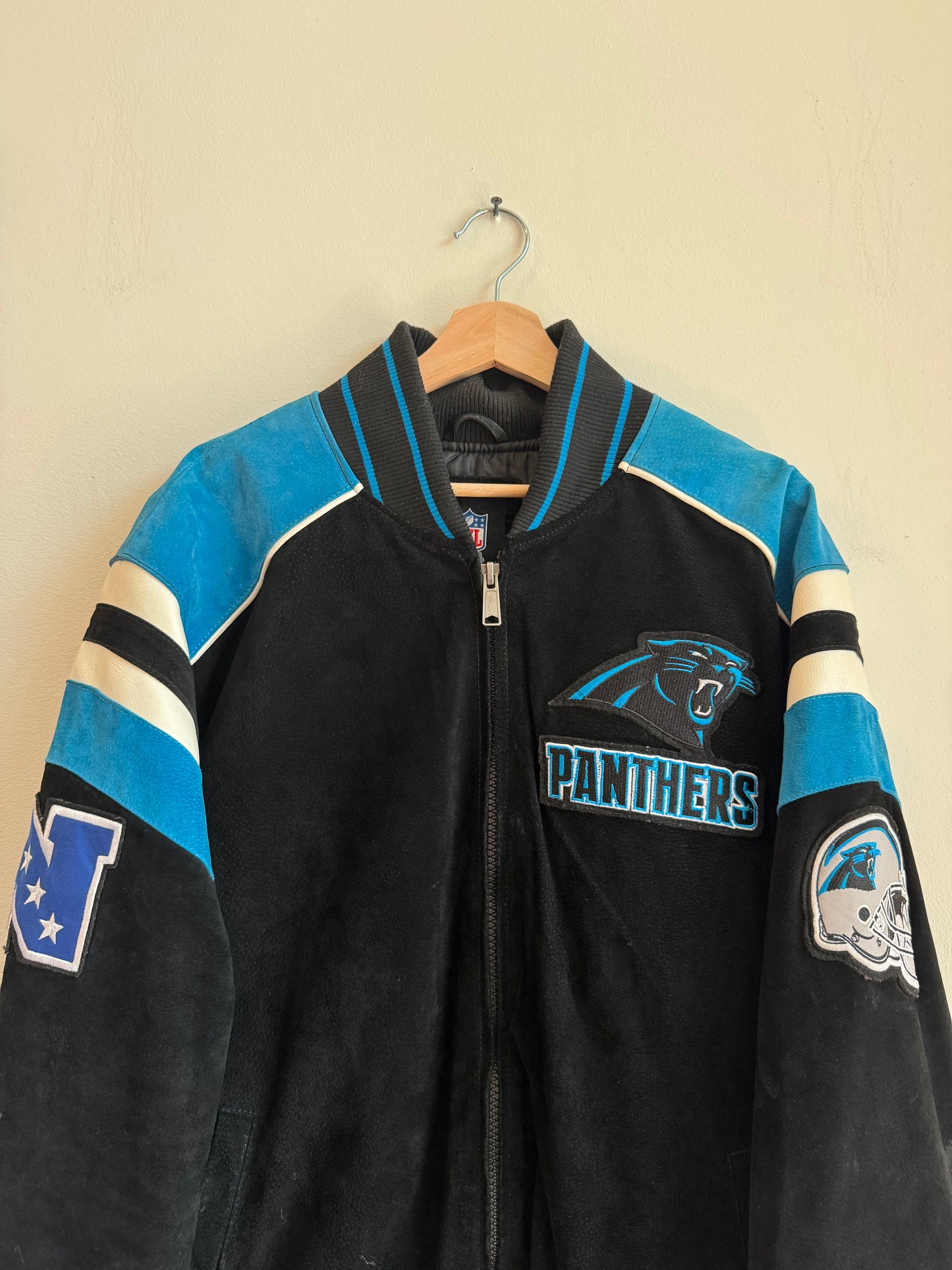 00s Carolina Panthers Suede Embroidered Patched NFL Jacket (XXL)