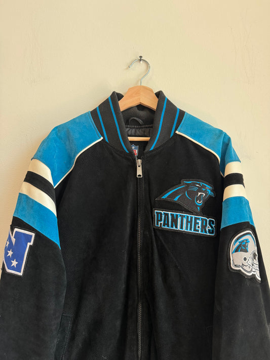 00s Carolina Panthers Suede Embroidered Patched NFL Jacket (XXL)