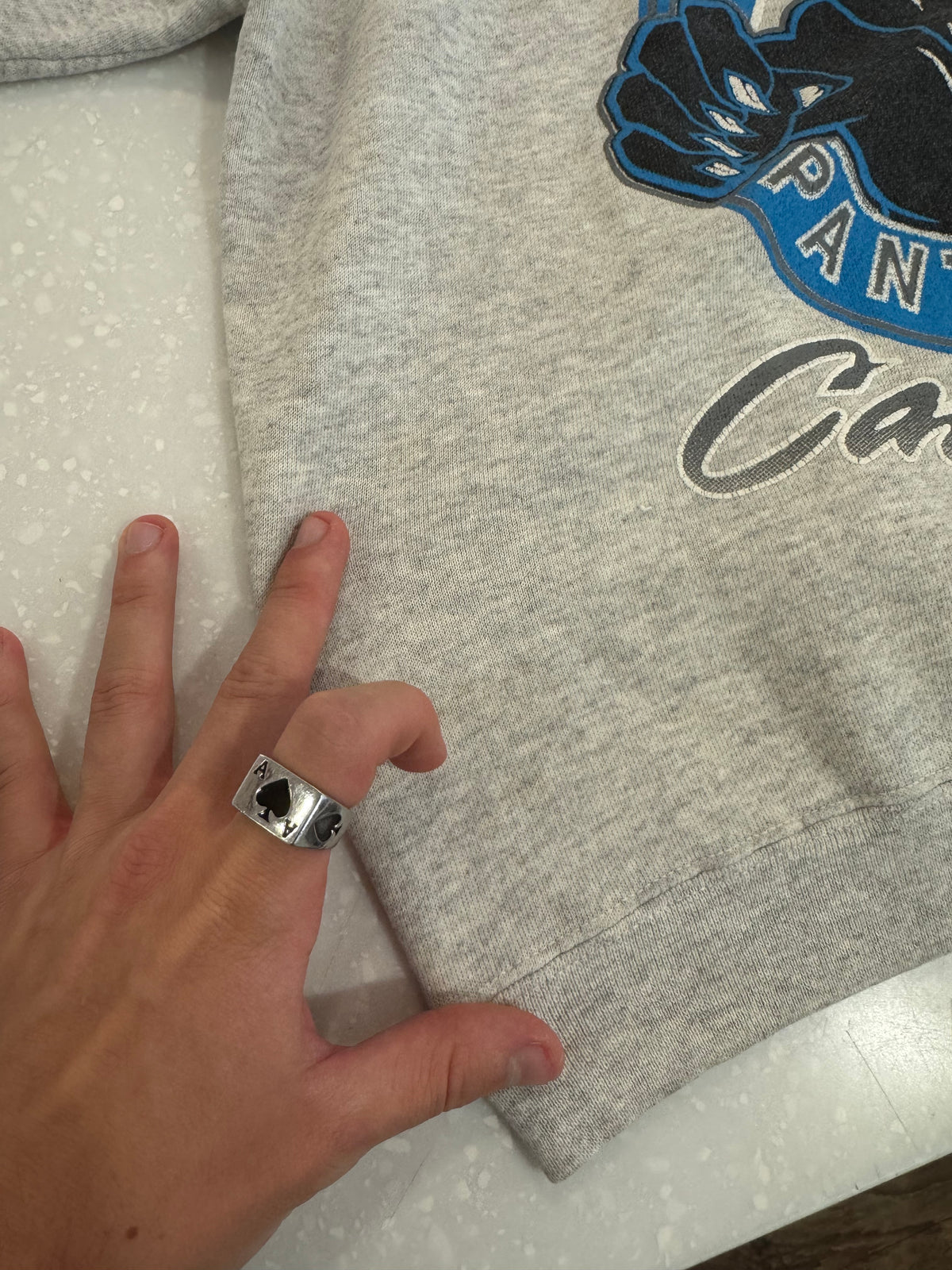 90s Carolina Panthers Sleeve to Sleeve Grey Spell Out Crewneck (M)