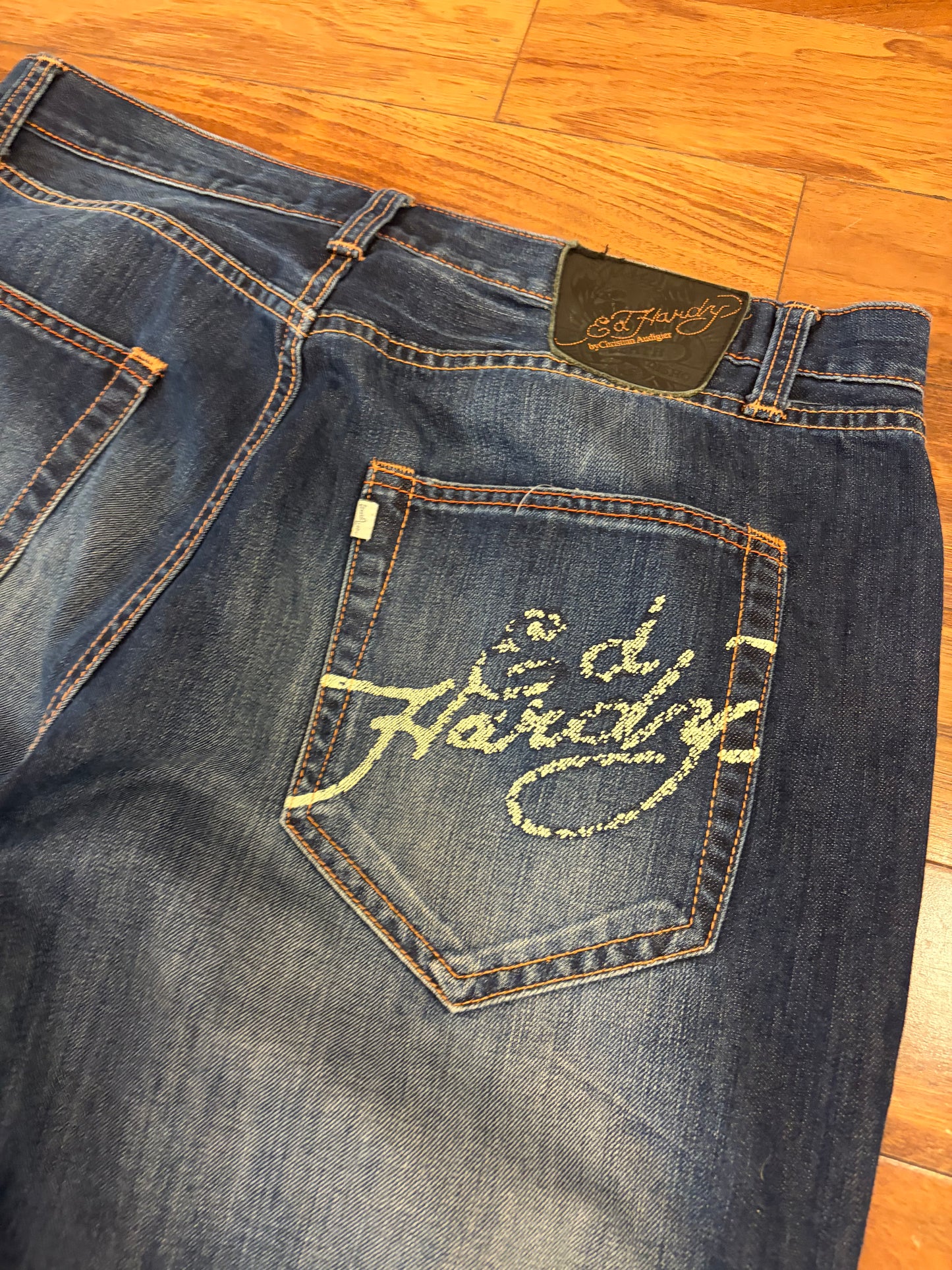 00s Ed Hardy by Christian Audigier Rhinestone Skull Boot Cut Jeans (38 x 34)