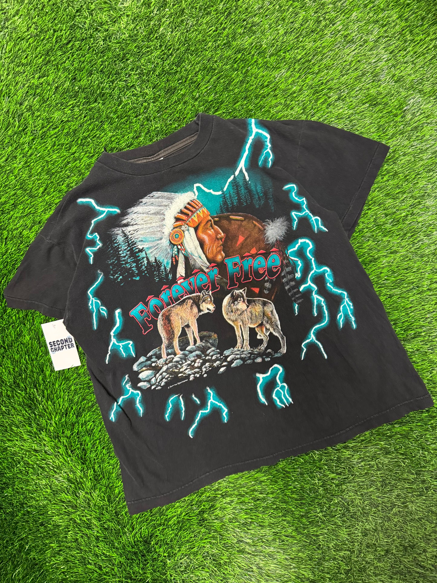 90s American Thunder "Forever Free" Vintage Teal Lightning Tee (L)