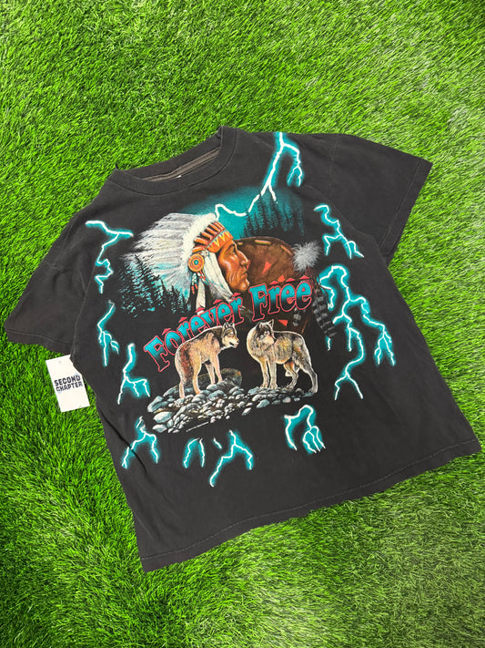 90s American Thunder "Forever Free" Vintage Teal Lightning Tee (L)