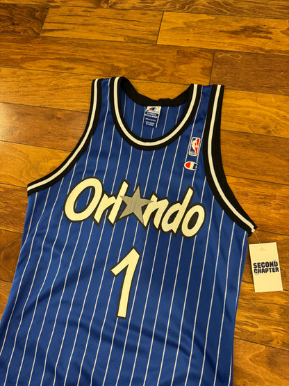 90s Orlando Magic Penny Hardaway #1 Champion Vintage Blue Pinstripe NBA Jersey (S)