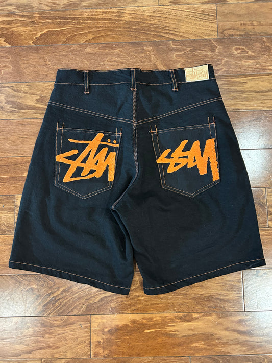2010s Stussy Black & Orange Jean Shorts (34)